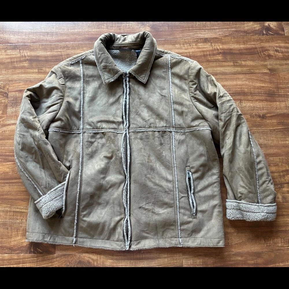 DKNY Active Mens XXL Gray Polyester Shearling Suede Bomber Aviator Jacket Coat